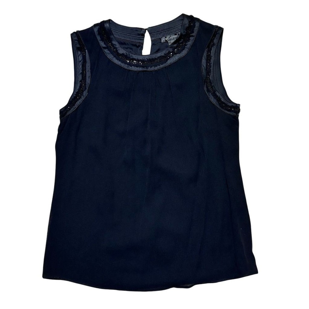 St. John Women's Black Sleeveless Beaded Neckline Blouse Size S